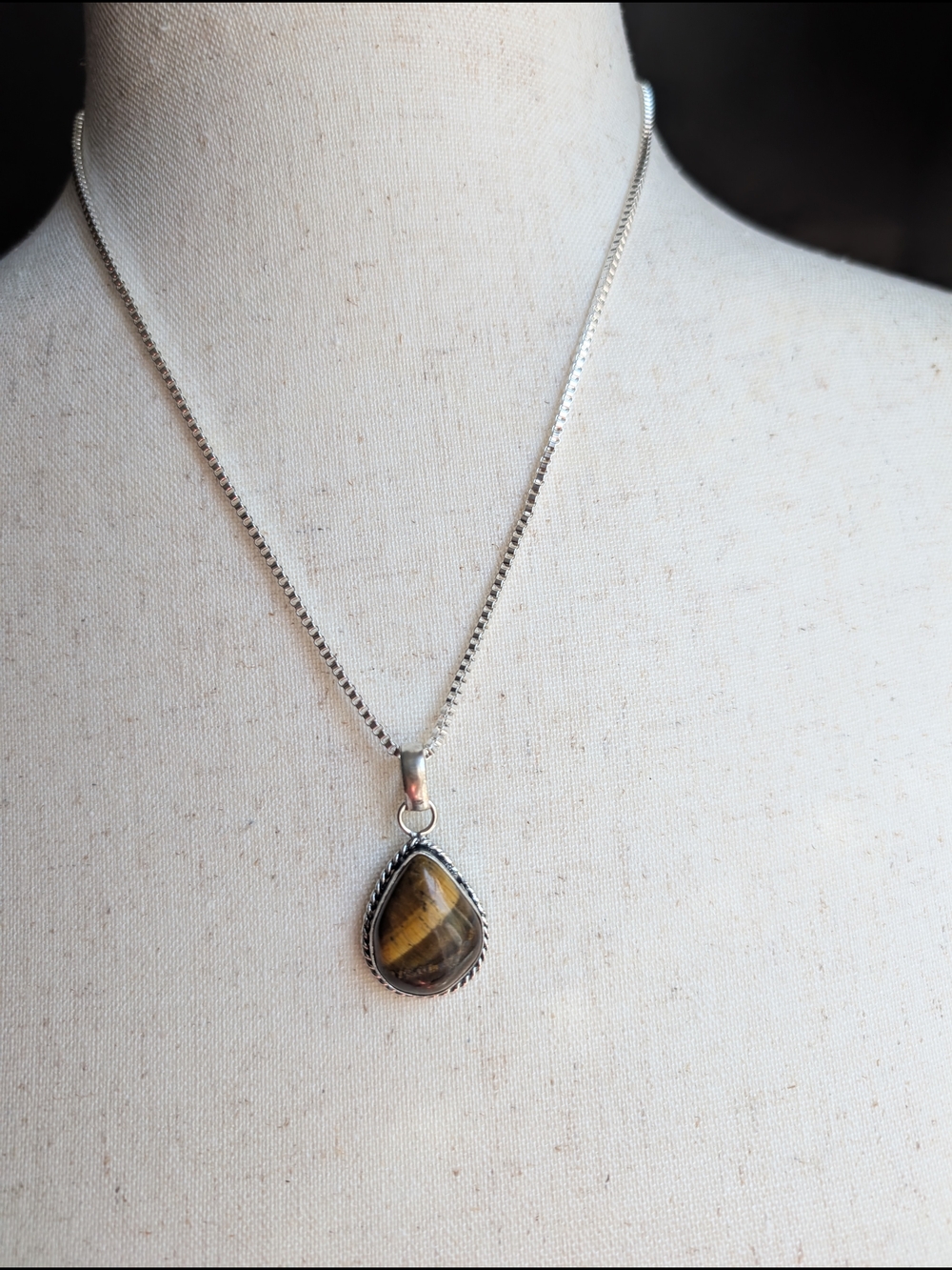 Silver Tiger's Eye Teardrop Pendant Necklace - Brown & Gold Flash